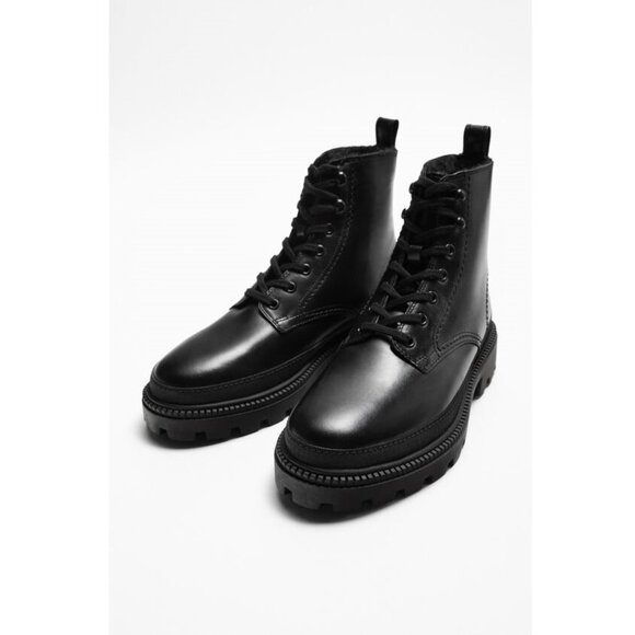 ZARA Men's Size Black Leather Lace-Up Combat Moto Boots Ankle